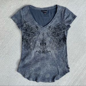 Rock & Republic Distressed blue sparkle rhinestone wings fleur de lis XS